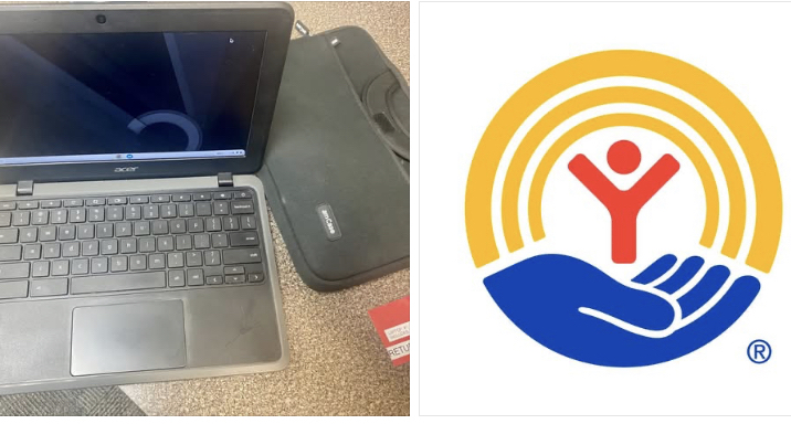 Picture of a chromebook laptop and the United Way logo in yellow, red, and blue.